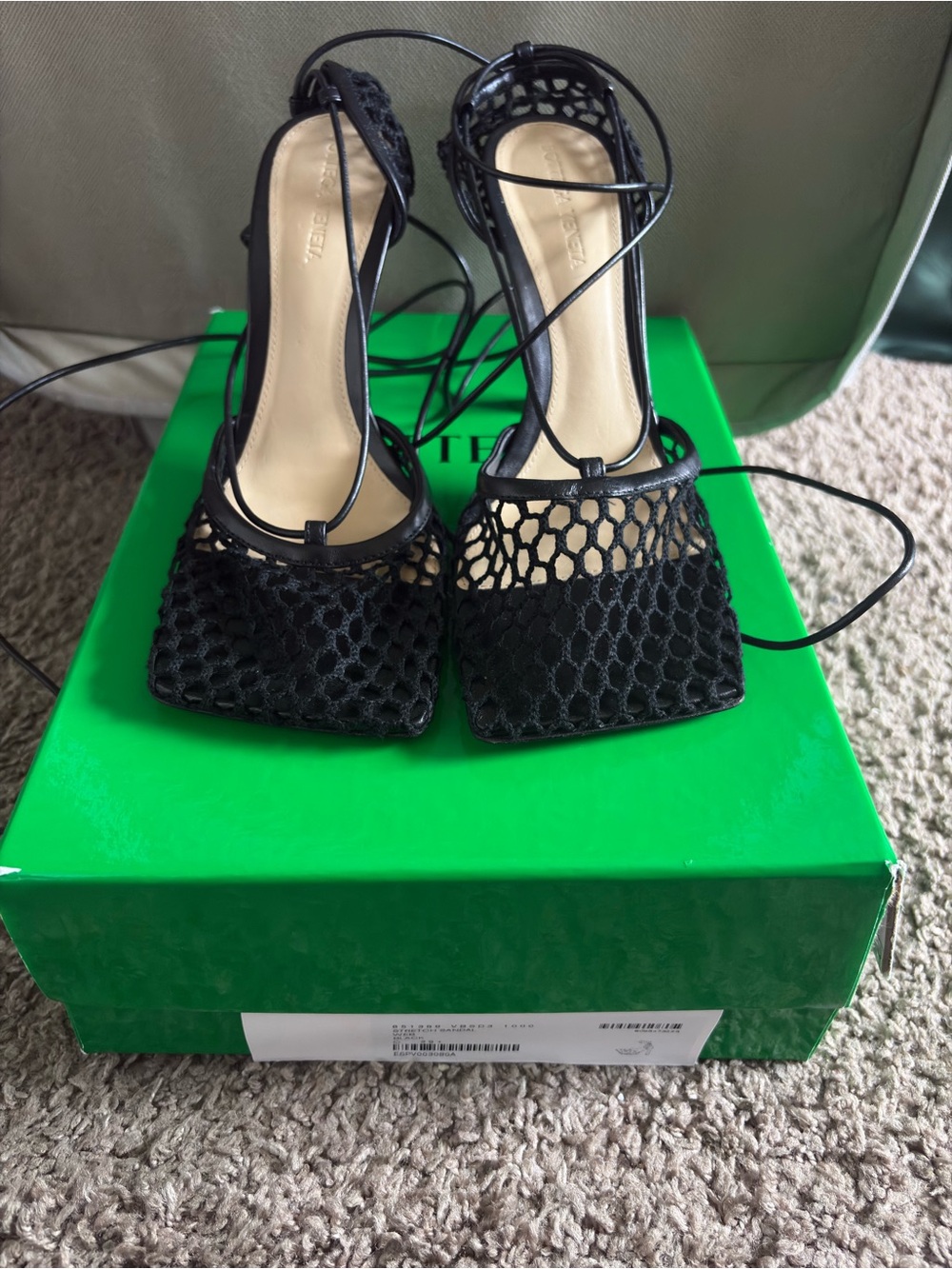 Bottega Veneta Black Lace-Up Mesh Square-Toe Heels